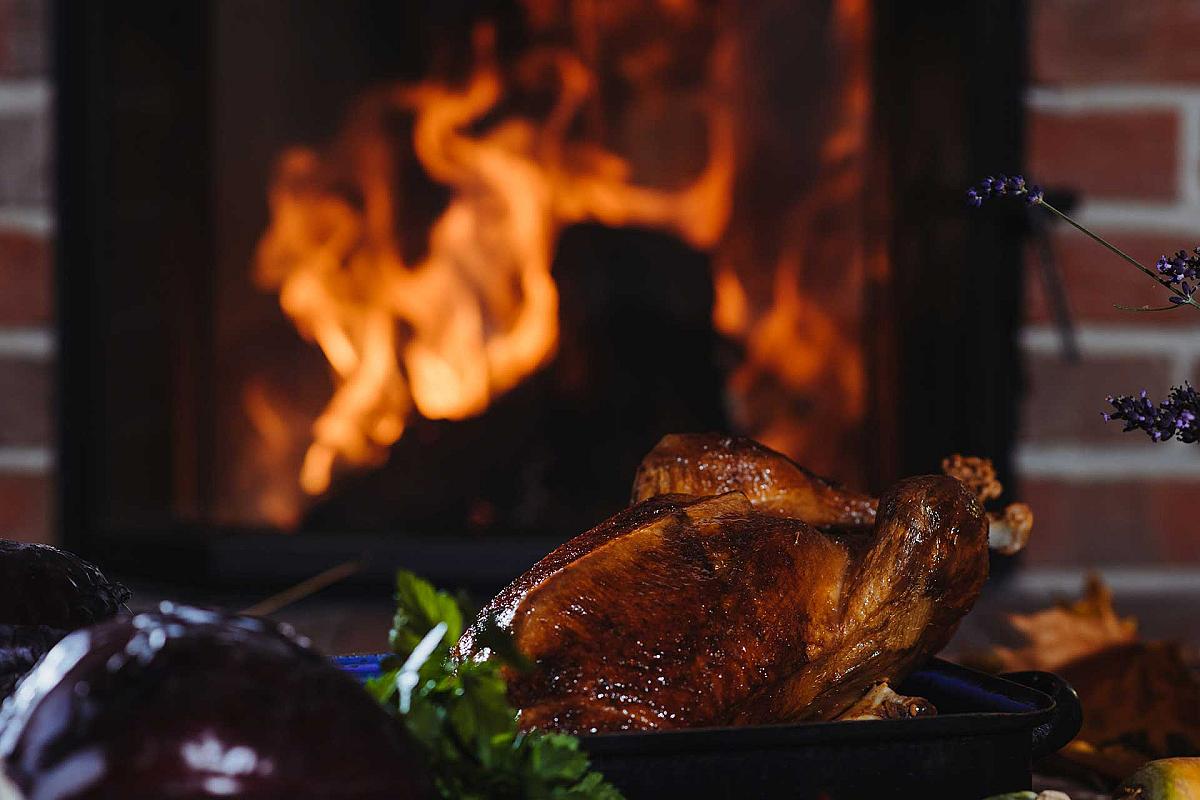 Gasthaus Lehnigksberg - Entenbraten und Rotkohl, im Hintergrund lodert das Feuer im Kamin